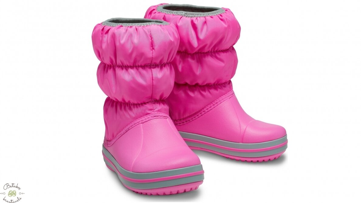 Crocs™ Kids' Winter Puff Boot, Electric Pink/Light Grey